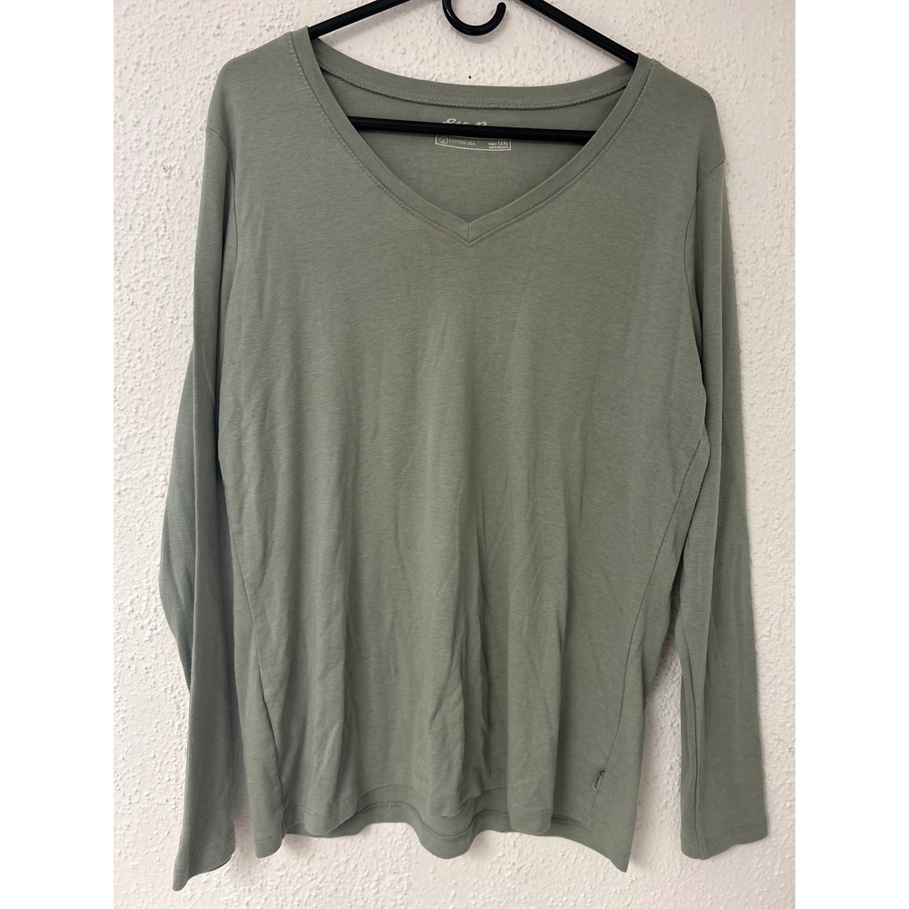 Eddie Bauer Womens T2XL Sage Green V-Neck Long Sleeve Cotton USA Tee Shirt